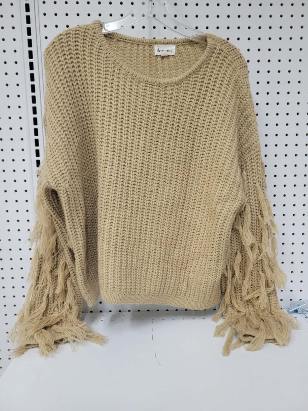 Chunky Knit Fringe Sleeve Beige Sweater & Merci Womens Size M Boho Style